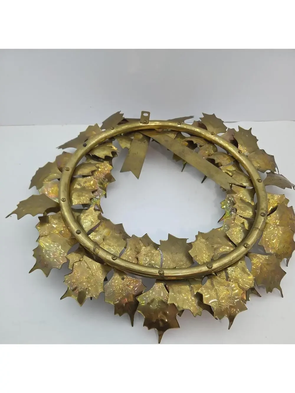 Vintage 1970s Solid Brass Christmas Wreath 15” Montgomery Ward Holly Decor